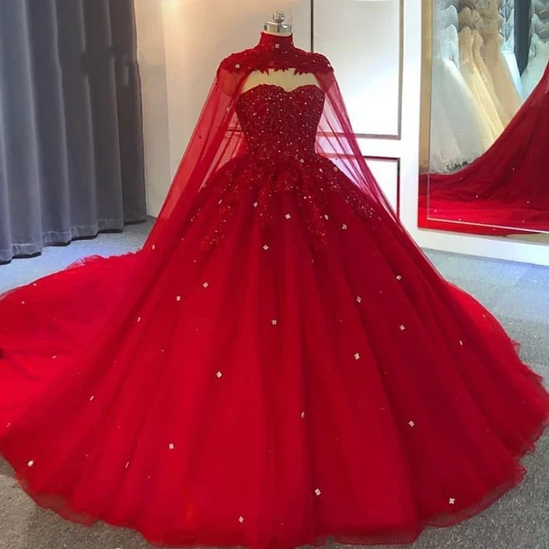 Moralsk uddannelse Kunstneriske Mudret Red Lace Wedding Dress Plus Size Cape Crystal Bead Ball Gown Bride Wedding  Gown | eBay