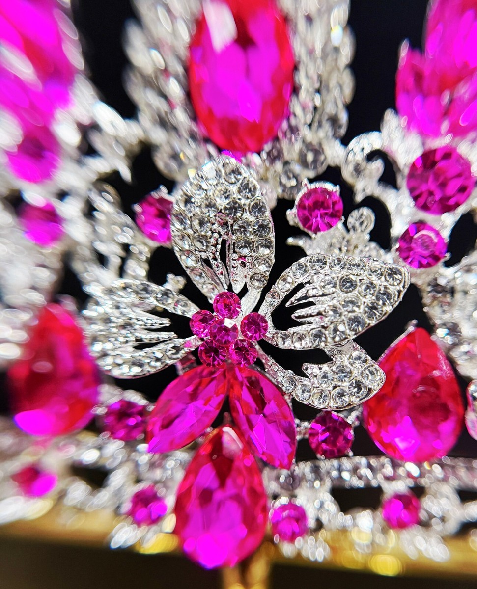 Silver Crystal Tiara, Bridal Flower Tiara, Fuchsia Crystal  display picture 1