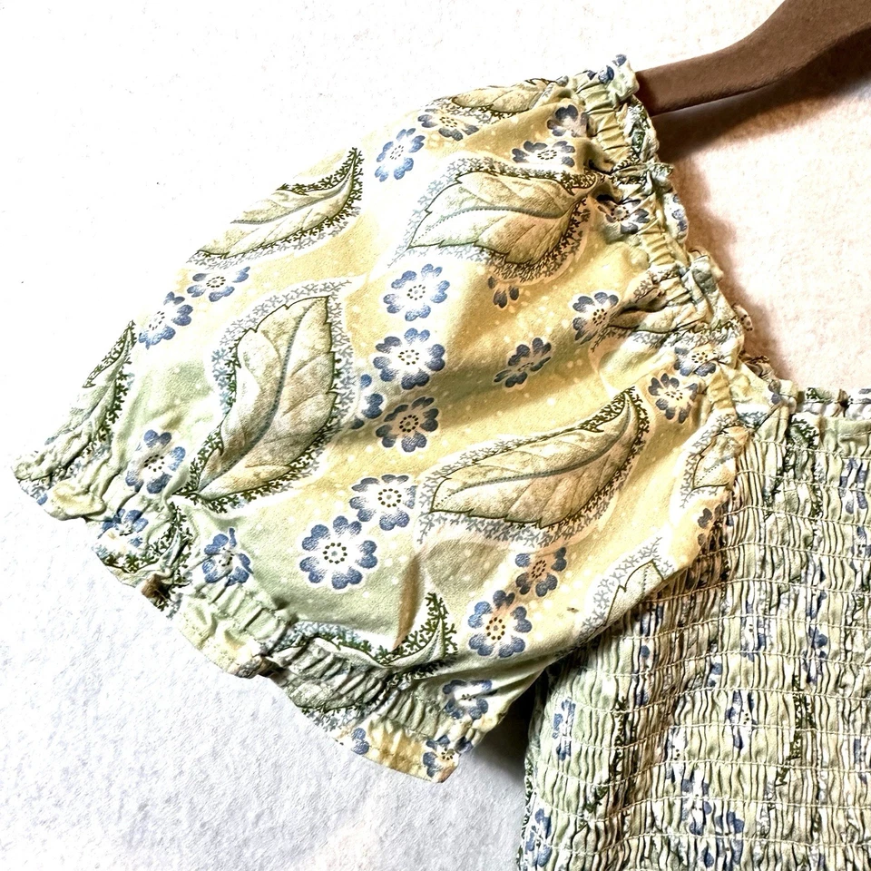 Vestido Hill House para meninas 11/12 verde folhas manchadas manga folhada 100% algodão - Imagem 2 de 4