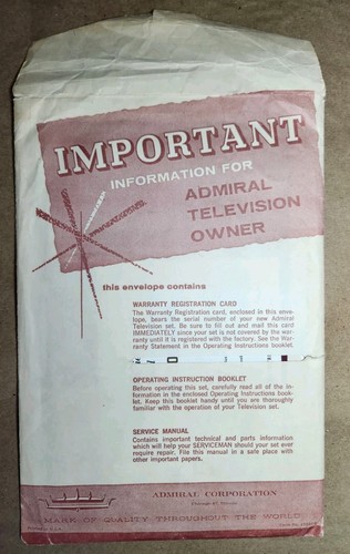 Admiral TV Manual Set 1959–60 Operating Instructions + Service Data C21A1 C21A10