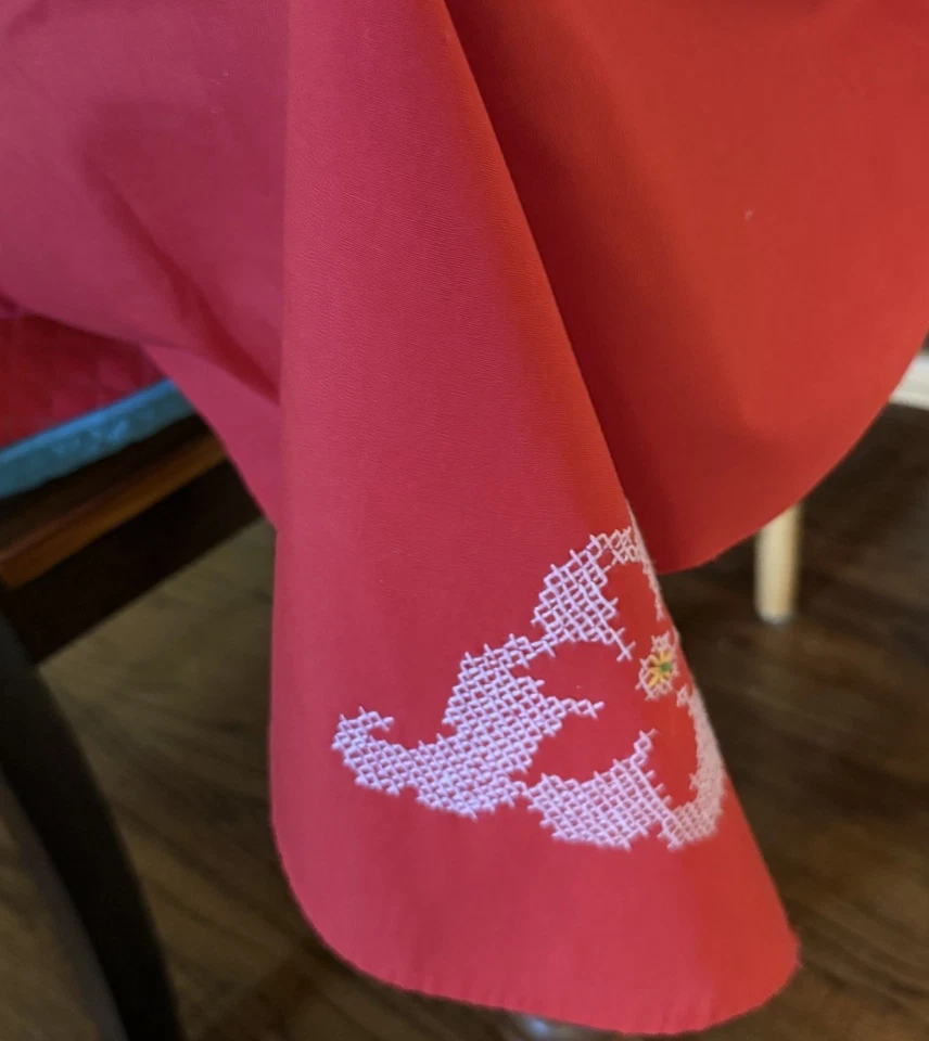 VTG Red Cross Stitch Tablecloth Holiday Poinsettias 58x85 Cottagecore Handmade - Image 2 of 4