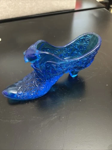 Vintage Fenton Cobalt Blue Glass Button & Daisy Shoe with Bow
