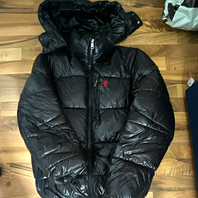 Polo Ralph Lauren Herren Daunenjacke Schwarz Gr. M Kapuze Reißverschluss Logo