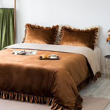 Luxurious Velvet Duvet Cover Set with Ruffles - King Size Golden Camel
