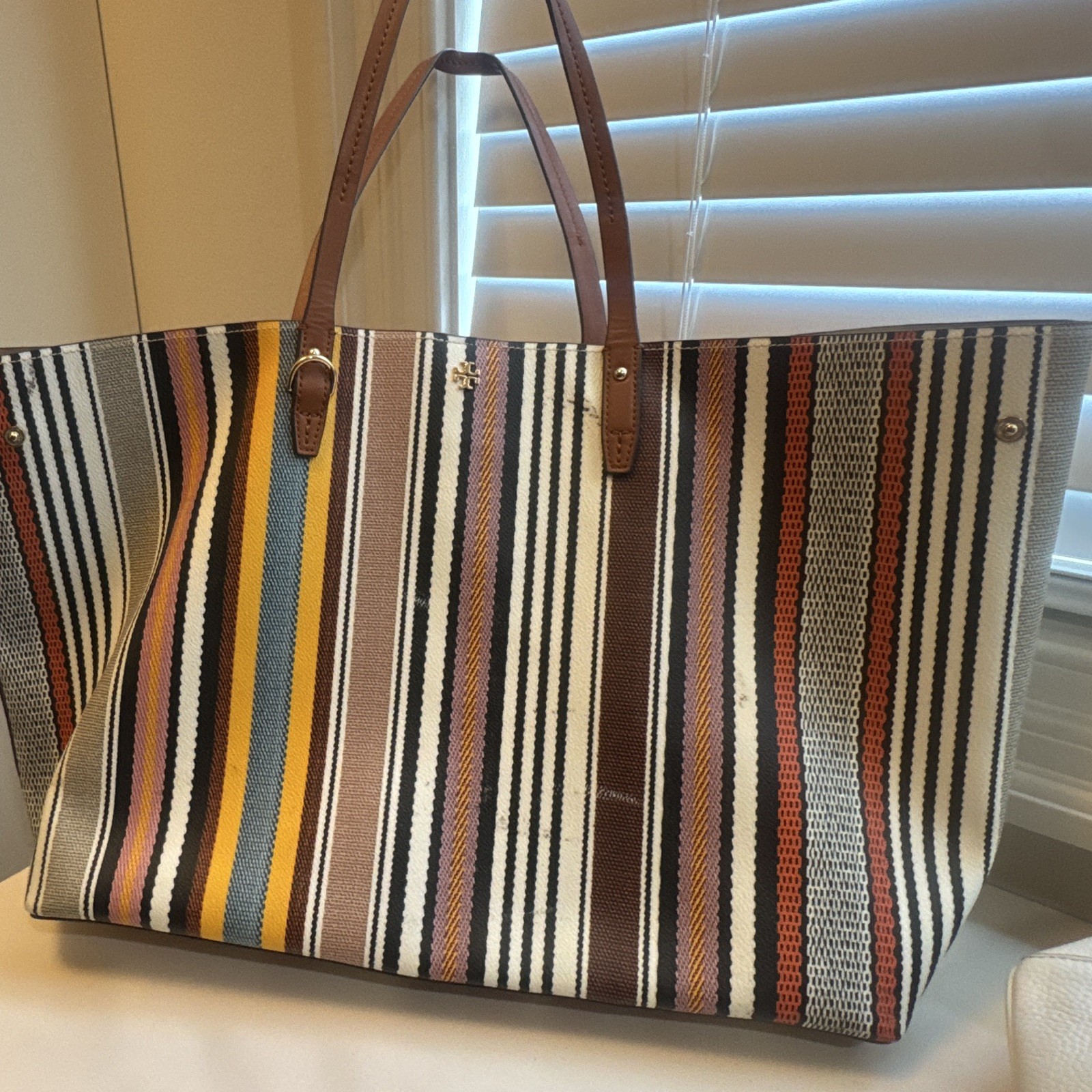 Striped Multicolor Tote Bag Double Brown Leather Handles Pouch Inner Pockets