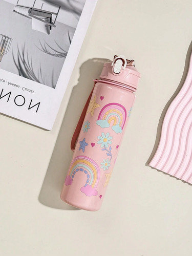 800ml Kids Water Bottle With Straw Leak Proof Cartoon Dinosaur Rainbow