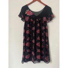 Max Edition Black Floral Rose Print Ruffle Chiffon Mini Dress XS dark romantic