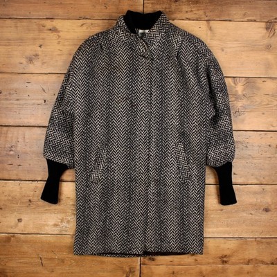 Vintage DONNYBROOK Wolljacke M Damen 90er USA Made Mantel Grau Fischgrät Retro
