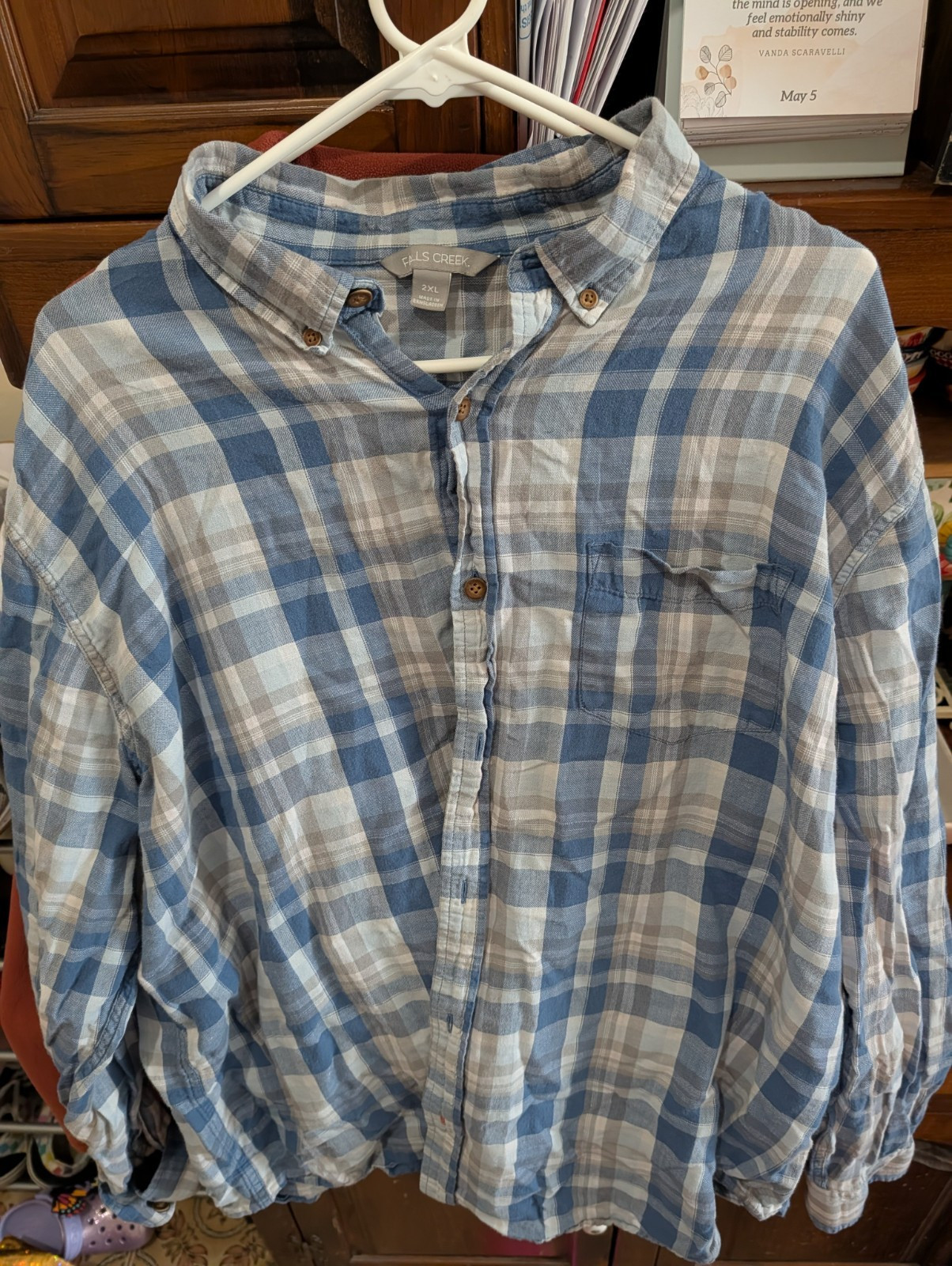 Falls Creek Men's 2XL Blue Gray Plaid Long Sleeve Button-Down Shirt