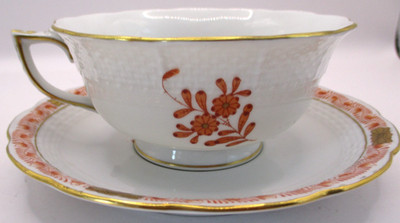 HEREND HUNGARY PORCELAIN HAND PAINTED CUP & SAUCER RUST APPONYI CHINESE BOUQUET