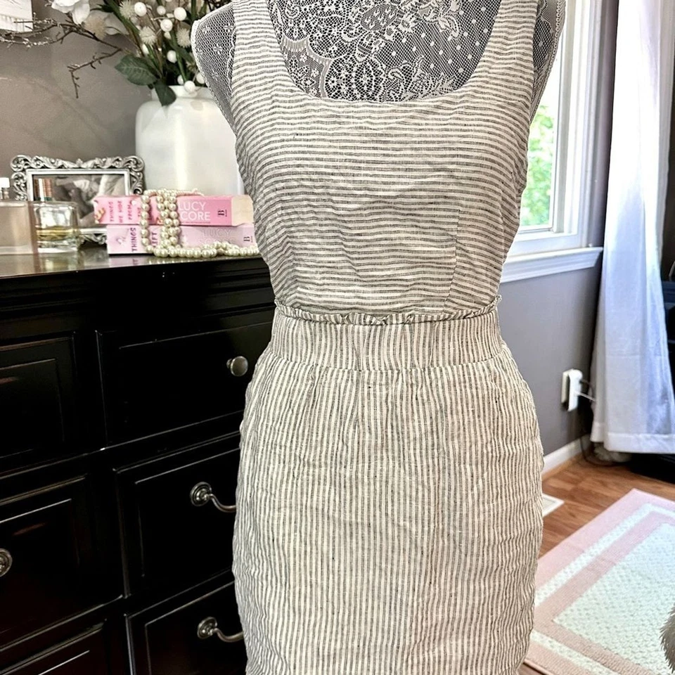 Mini Vestido GREYLIN Mezcla de Lino Gris Blanco Rayas Espalda Abierta Talla XS Foto 3 de 4