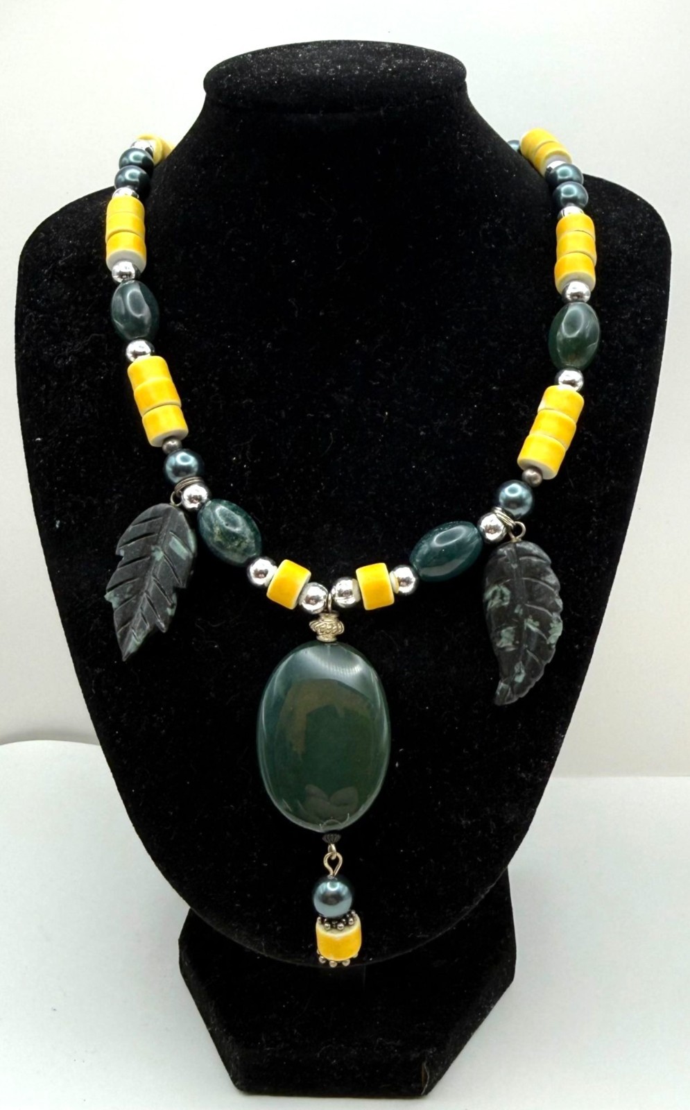 Statement Necklace Green Stone Leaf Carvings Yell… - image 1