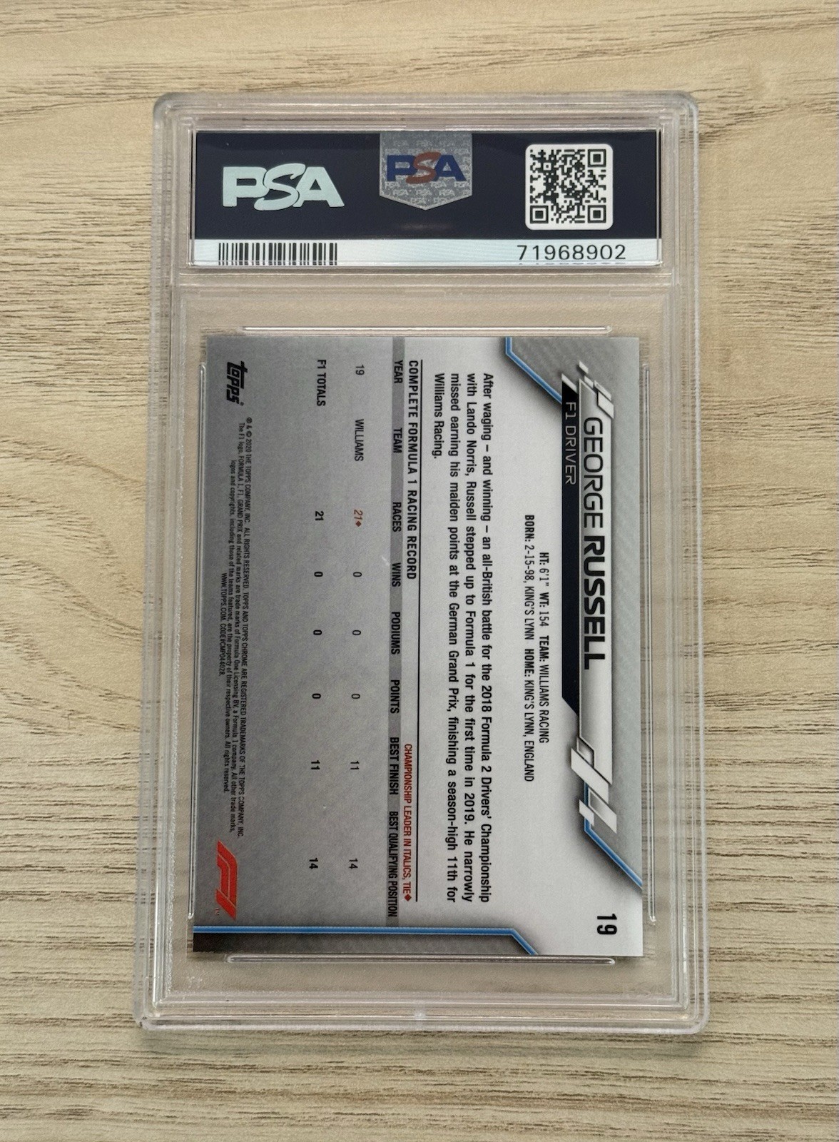 George Russell 2020 Topps Chrome F1 #19 PSA 10 GEM MT view 2