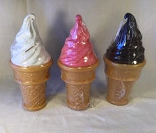 Ice Cream Cone Coin Bank Vintage Blow Mold SafeTCup 11” Strawberry Vanilla Choc