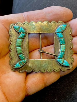 Old Pawn Sterling Zuni Inlay Carved Royston Turquoise Belt Buckle Fits 1 