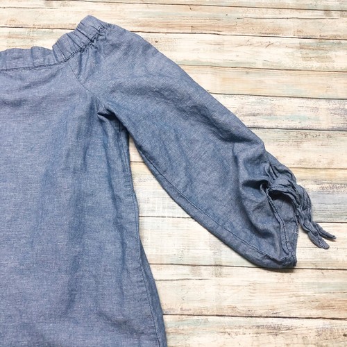 Free People Chambray Off The Shoulders Top Tie Cuffs Blue Sz M - Picture 6 of 12