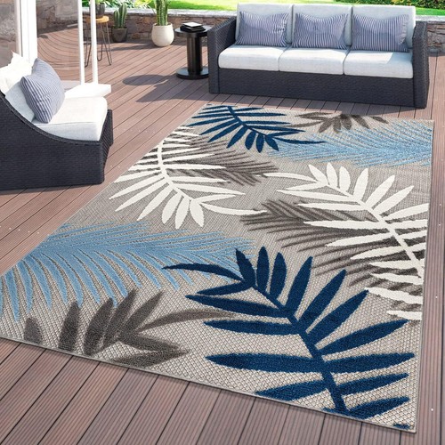 Evora Palm Frond Non-Shedding Indoor/Outdoor Blue Area Rug 5' x 7'