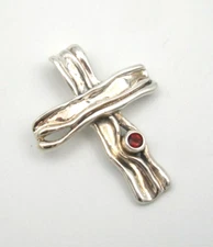 HAGIT GORALI ORGANIC STYLE CROSS W/ GARNET STERLING SILVER 925  1.50" TALL