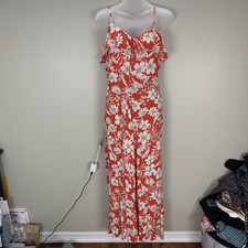 Floral Red Cream Button front ruffle Detail Midi Dress with Slit Medium Boho