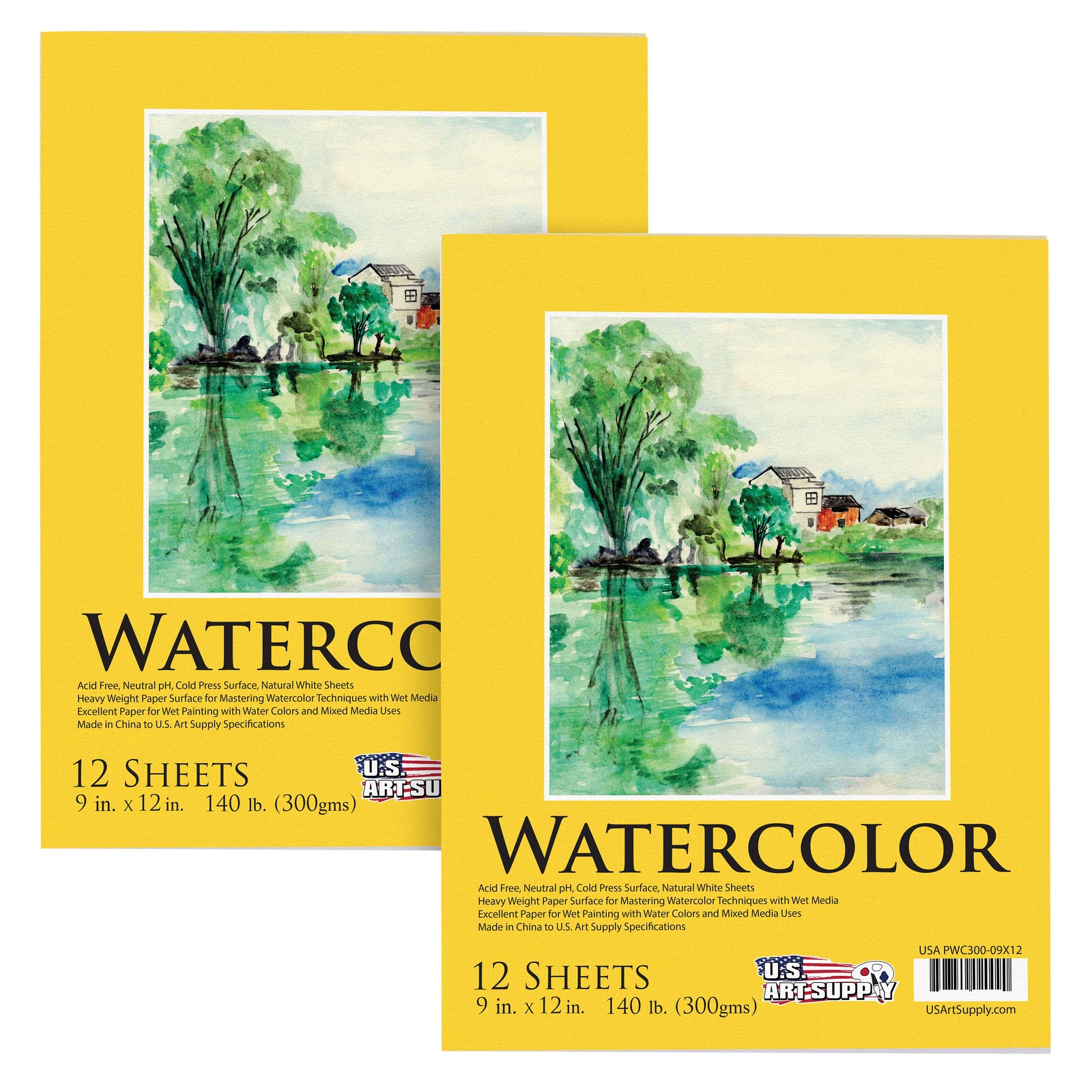 9" x 12" Watercolor Painting Paper Pads, 2 Pads, 12 Sheets Each, 140lb
