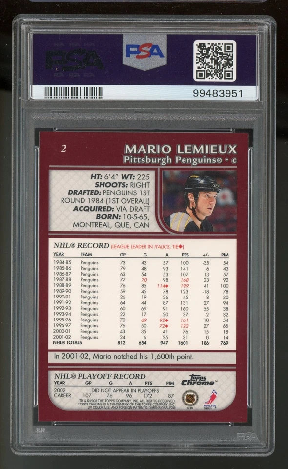 2002-03 Topps Chrome #2 Mario Lemieux  PSA 9 Pop 2 !!! - Image 2 of 2