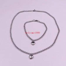 Girls Women Stainless Steel Lover Heart Pendant Necklace bracelet Rolo Chain 4mm