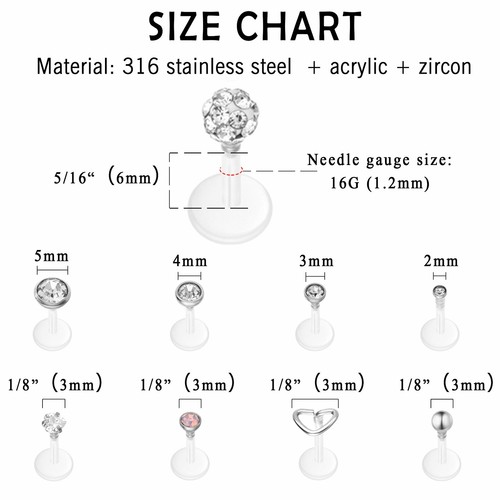 20Pcs 16G Clear Labret Stud Cartilage Monroe Piercing Tragus Earrings Lip Ring - Picture 4 of 8