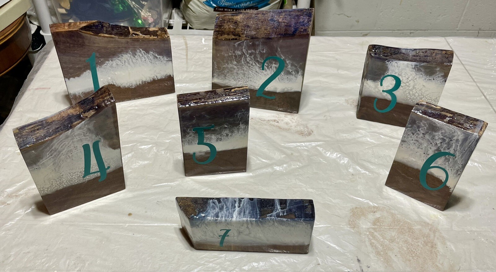 Ocean Theme Live Edge Walnut Table Numbers with Epoxy for Weddings and Parties-image