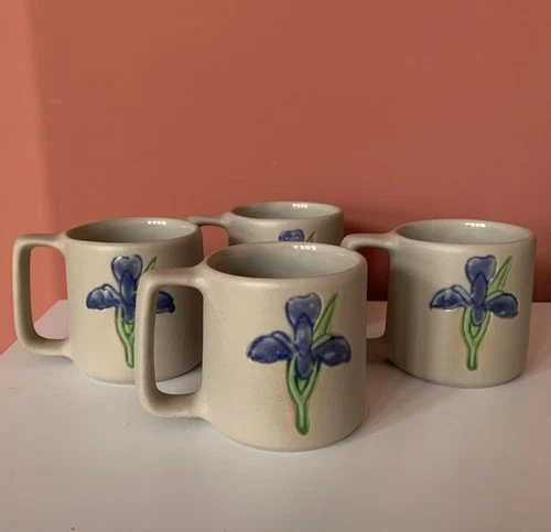 Vintage Pigeon Forge Pottery Blue Iris Design Mug 6oz Set Of 4