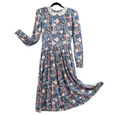 VTG 80s Carriage Court Midi Dress Womens 8 Blue Floral Prairie Cottagecore Lace