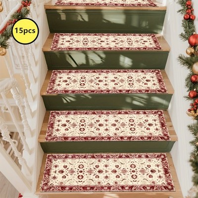 Rubber Non-Slip Backing 15pcs Vintage Pattern Stair Carpet, Anti-Slip Stair Ma