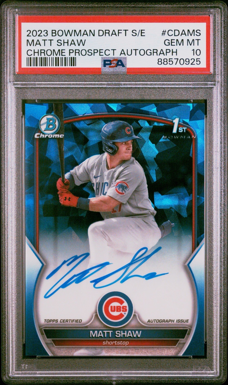 MATT SHAW PSA 10 2023 BOWMAN CHROME DRAFT SAPPHIRE 1ST REFRACTOR AUTO /199