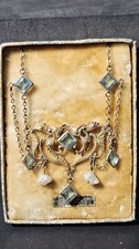 Stunning Art Nouveau Festoon Necklace 12kt G.f. Topaz Glass? Natural Pearl