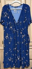 Chaps Faux Wrap Floral Dress Womens Sz 22W Blue Flowy Jersey Short Sleeve V Neck