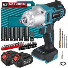 1000Nm Cordless Electric Impact Wrench 1/2'' Gun High Power Driver 2pc Battery