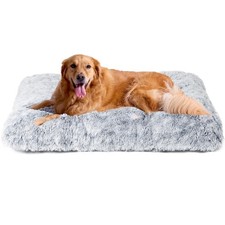 XL Fluffy Dog Crate Bed, Grey, Faux Fur, Calming, Washable, Non-Slip Mat