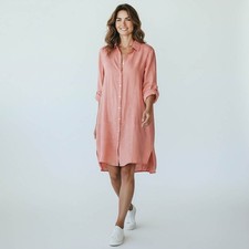Tahari Shirt Dress Linen Peach Orange Size Large L Long Sleeve Button Up