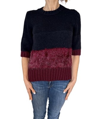 ANTHROPOLOGIE OTTOD'AME Colorblock  Navy Wool  Burgundy Fur 1/2 Sleeve Sweater 8