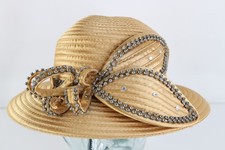 Vtg Satin Ribbed Rhinestone Jeweled Sunday Church Wedding Derby Hat Gold Womens