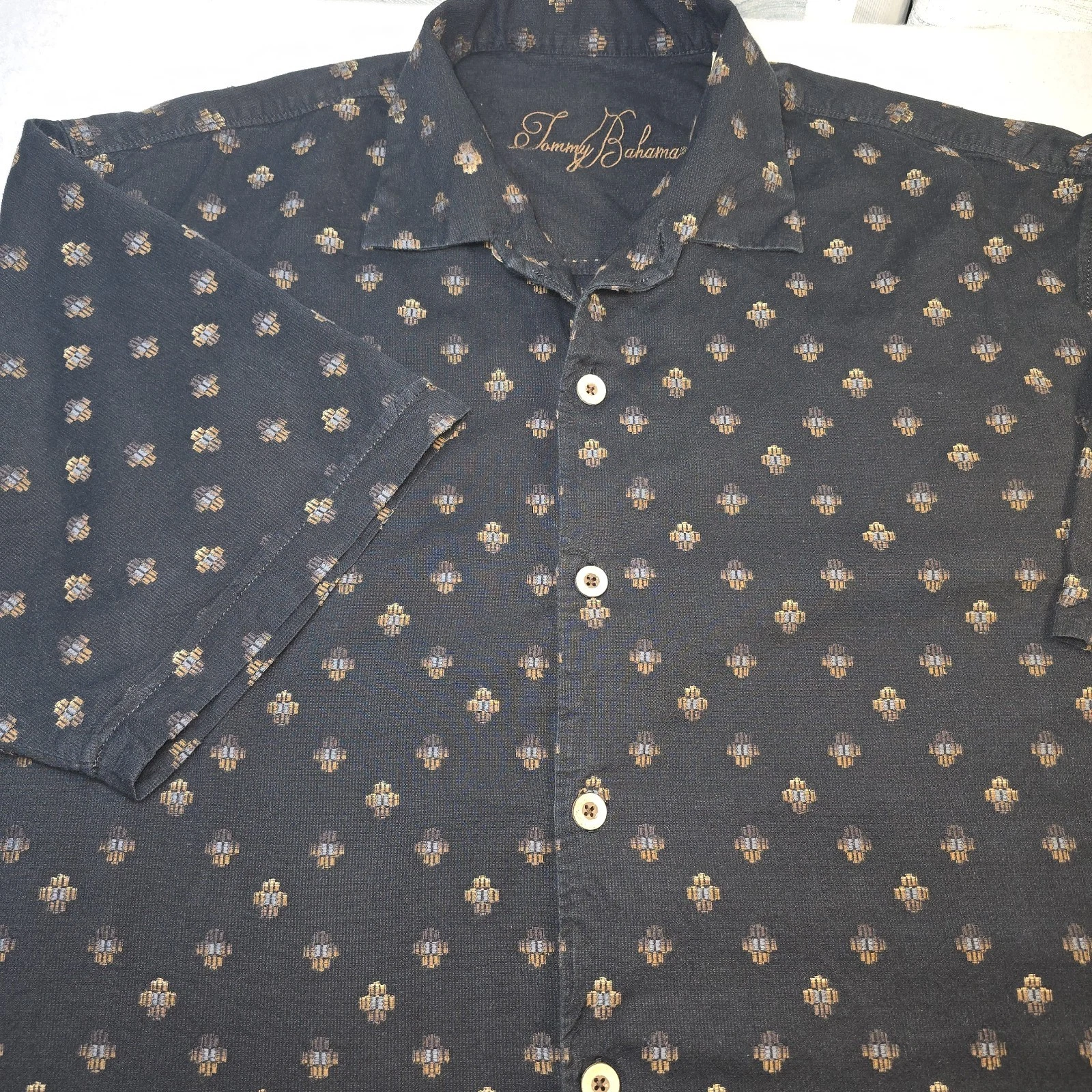 Tommy Bahama Men's XL Black Silk Blend Vacation Geo Medallion Print Camp Shirt