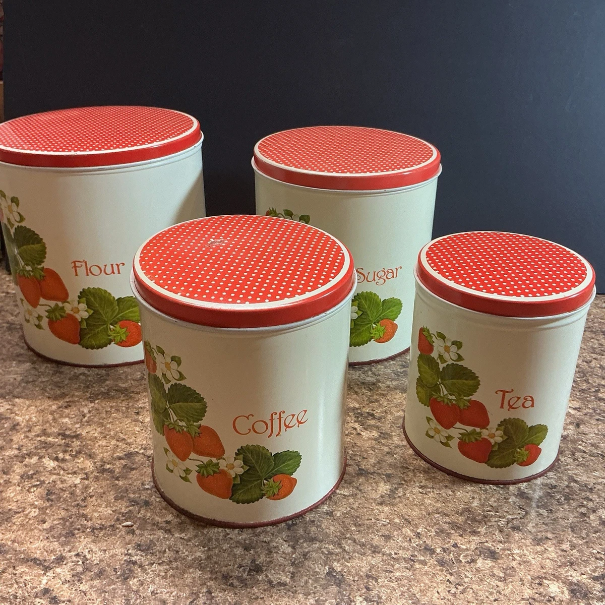 Vintage Tin Canister Set In Collectible Metal Kitchen Canisters