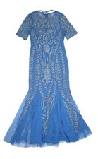 Adrianna Papell Dress Womens 8P Blue Beaded Sequin Mermaid Maxi Formal Gown
