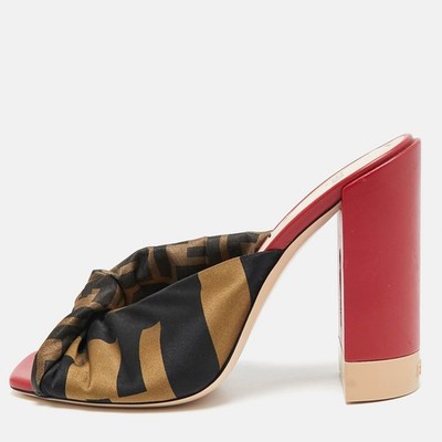 Fendi Brown/Black Satin Logo Twist Knotted Block Heel Sandals Size