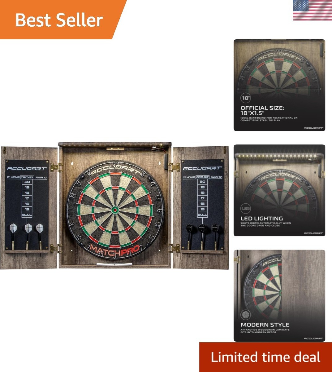 Match Pro Dartboard Cabinet Set – Official 18” Sisal Board, Self