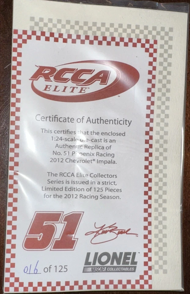 Chevy Impala 2012 RCCA Elite Kurt Busch autografiado #51 Phoenix Racing 2012/125 Foto 3 de 4