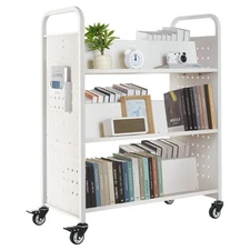 VEVOR 3-Tier Rolling Book Cart Double Sided W-Shaped Shelves Book Truck in White