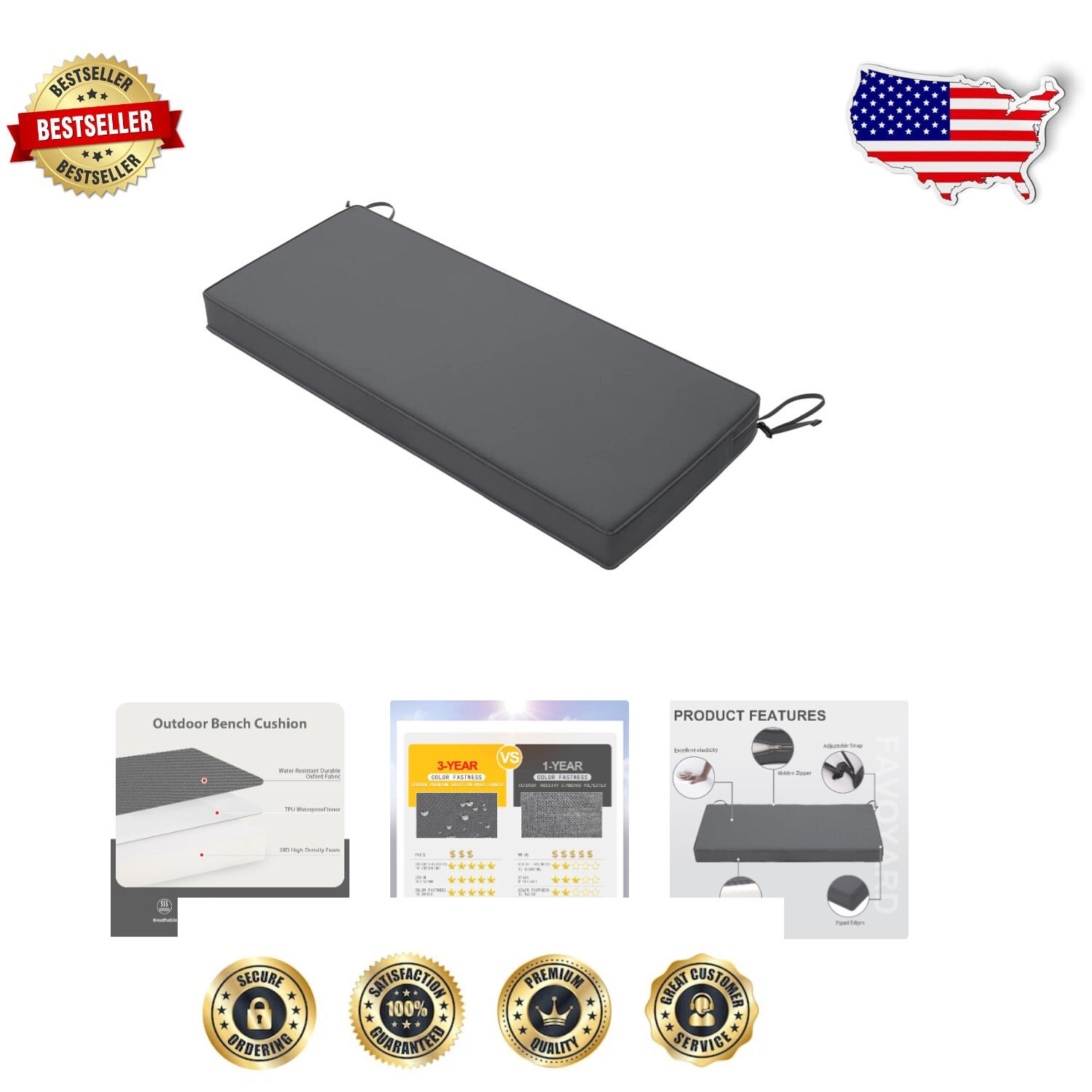 Portable 48x18 Waterproof Outdoor Cushion - Adjustable Straps for Stability