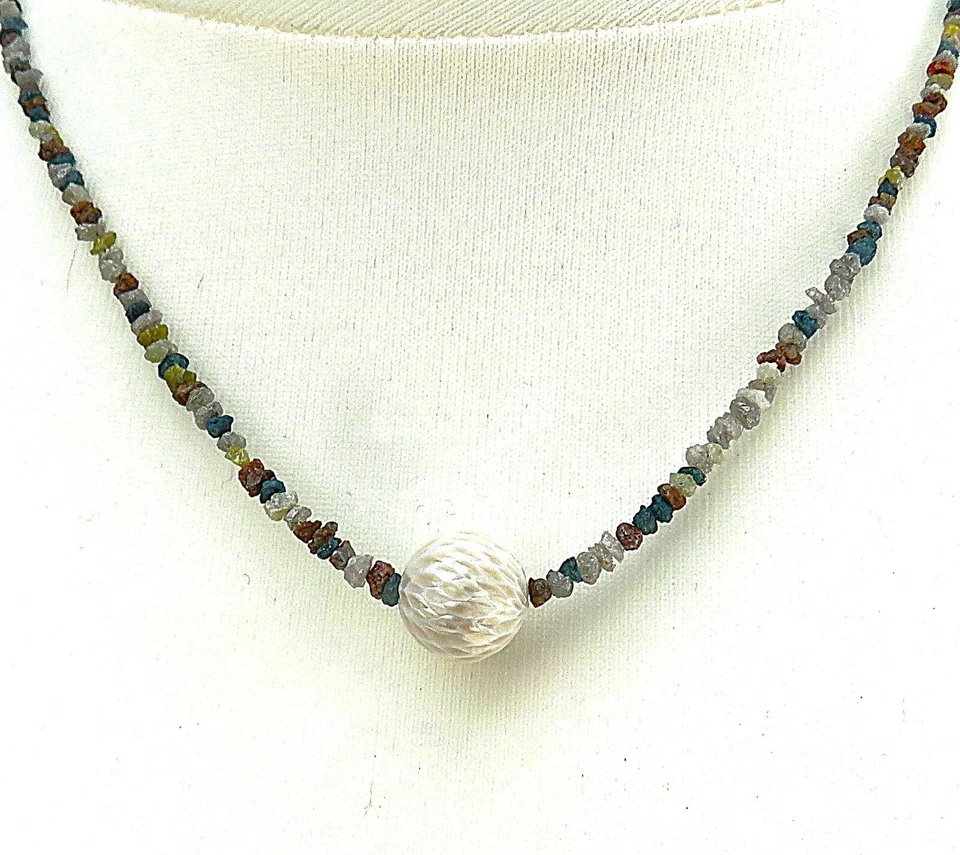 Rohdiamant Kette 18,7 Karat mit Ming Perle Dragon Skin Unikat Kette 5591 - Bild 2 von 4