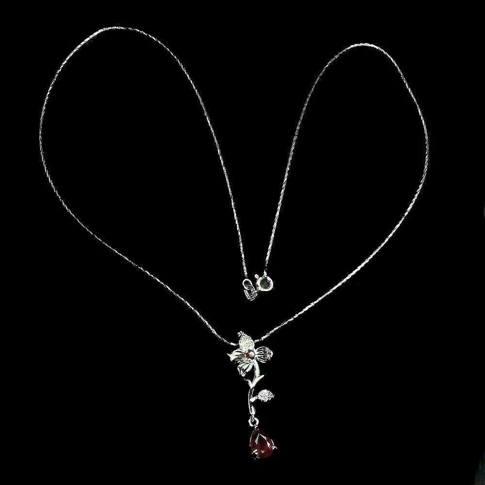Silver Ruby Earrings Pendant Genuine Natural Gems Solid Sterling With Chain - Image 3 of 4