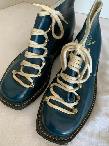 VINTAGE BLUE LEATHER LACE UP WINTER SNOW SKI BOOTS WOOL LINED SZ38 - Picture 8 of 12